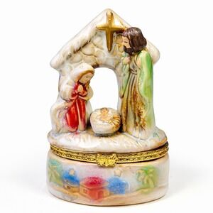 VTG Nativity Trinket Box Mary Joseph Baby Jesus Ceramic Hinged Christmas 4"